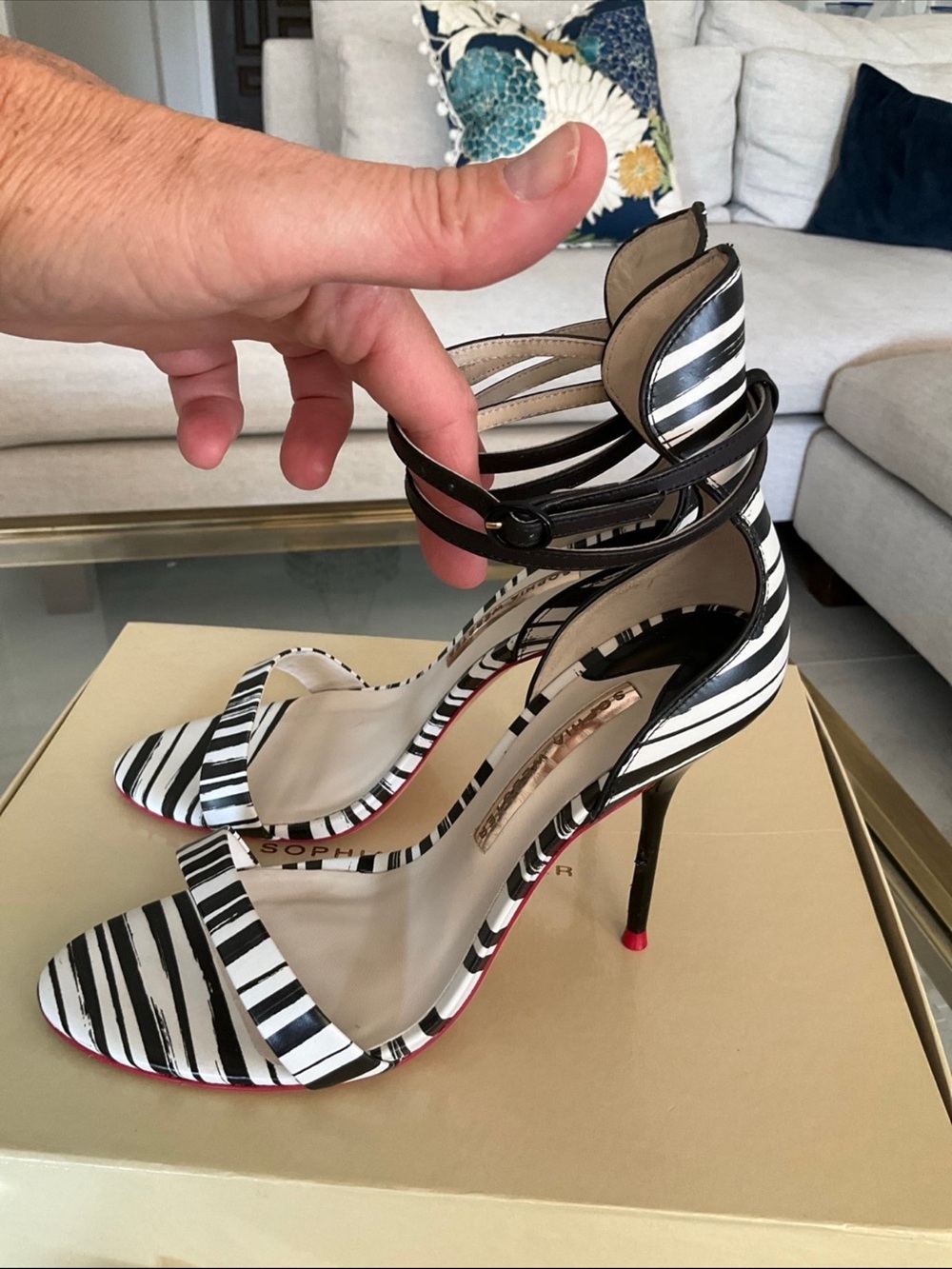 Sophia Webster Nicole black/white stripe red trim double ankle strap heels, 38.5 - Picture 2 of 13